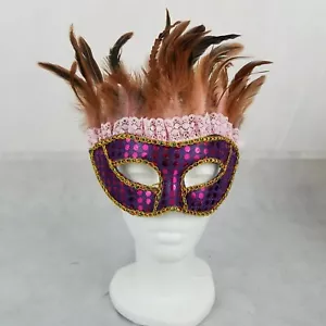 Costume Masquerade Ball Eye Mask White Purple Gold Trim Halloween, Feathered - Picture 1 of 4