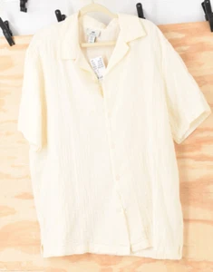 H&M Short Sleeve Camp NWT! Button Down Shirt Mens XL Cream Straight Hem - Picture 1 of 9