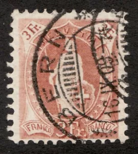 1907 Switzerland Helvetia Sc# 125, pf.11½x11, Wmk 183, 3Fr, Yw/Brn. Used Cv$110 - Picture 1 of 1