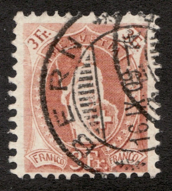 1907 Switzerland Helvetia Sc# 125, pf.11½x11, Wmk 183, 3Fr, Yw/Brn. Used Cv$110 - Image 1 of 1
