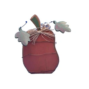 Wooden Country Pumpkin stands 10.5” x 6.5”. has two wooden leaves, a raffia bow - Picture 1 of 2