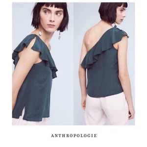 NUOVA camicetta Anthropologie Maeve donna in seta con volant e spalle scoperte verde taglia 10 - Foto 1 di 8