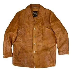 VTG 70s TAN SOFT LEATHER LEATHER BUTTON DOWN JACKET BIG COLLARS MOD DISCO 41” M - Picture 1 of 9