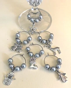 6 X SILVER CHRISTMAS WINE GLASS RINGS CHARMS XMAS - SILVER BEADS - Picture 1 of 1