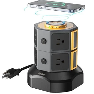 Power Strip Tower with 15W Wireless Charger, 6.5Ft Retractable Extension Cord, 1 - Picture 1 of 7