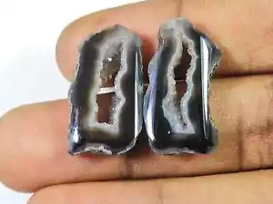 26Cts Black Slice Dyed Druzy Agate Matched Pair Fancy Loose Gemstone 13X25MM d16 - Picture 1 of 9