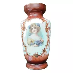 Antique Victorian Portrait Vase Hand Painted Border Gilded White Glass Urn 13" - Picture 1 of 9