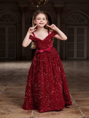 Tween Girl Off Shoulder A-Line Glitter Dress With Bowknot Decoration - Image 1 of 4
