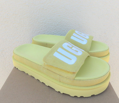 SANDALI SLIDE LATON SCAMOSCIATI GIALLI LOGO UGG MARGARITA DONNA US 8 EUR 39 ~NUOVI CON SCATOLA