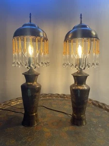 Antique Carved Brass Lamps With New Hand Beaded Shades - Picture 1 of 7