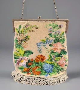 Antiguo Bolso Micro Cuentas Años 1900 Brillante Jardín Floral con Flecos y Caja Original 11" - Imagen 1 de 24