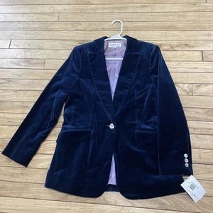 Bloomingdale's Blue Velvet Blazer Women 6 P Made USA 1 Button Formal Jacket New - Picture 1 of 21