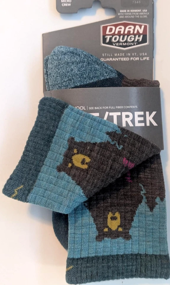 DARN TOUGH HIKE/TREK MICRO CREW BEAR TOWN AQUA LTWT W/ CUSHION SOCKS LARGE 1970 - Image 1 of 1