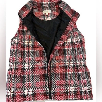 Talbots Women’s Plaid Down Puffer Vest size Medium red white black plaid outdoor - Image 1 of 4