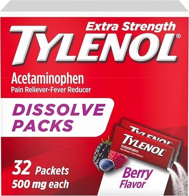 Tylenol Extra Strength Dissolve Packs with Acetaminophen 500 mg, Berry, 32 Count - Image 1 of 4