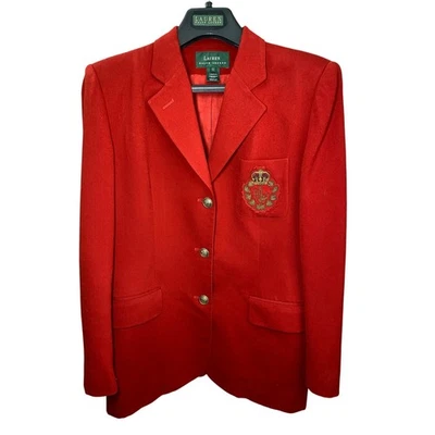 Blazer Ralph Lauren Mujer’s 12 Rojo Cresta Dorado Botón Vintage Diseñador Chaqueta Foto 1 de 4