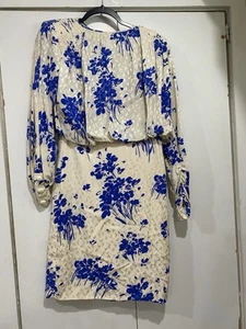 VTG John Galanos Dress Cream+Blue Floral Open Back With Button Low Zip Size? - Picture 1 of 22