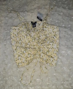 Rue 21 yellow floral Smocked Tie Front tank top Fairy Boho womens size large NWT - Picture 1 of 6