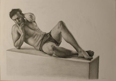 ORIGINAL male nude laying front view graphite pencil realism modern art drawing - Image 1 of 4