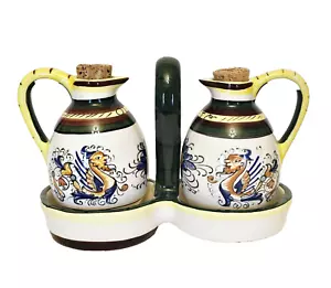 VTG Dragon Floral Ceramic Oil & Vinegar Cruet Set Hand Painted Deruta Style - Picture 1 of 4