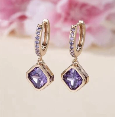 9ct Rose Gold GF Square Purple Amethyst Crystal Drop Earrings BOXED (419) - Image 1 of 4