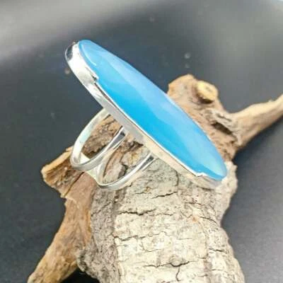 Exquisite Blu Calcedonio Gemma 925 Argento Sterling Handmade Anello Tutti Taglia - Immagine 1 di 4