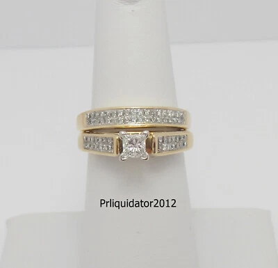 1CT Natural Princess Diamond Engagement Wedding Ring Bridal Set 14K Yellow Gold - Image 1 of 4