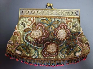 Vintage Glitzey FAR NINE Clutch/Shoulder Purse with Seed Beads & Fringe - Picture 1 of 8