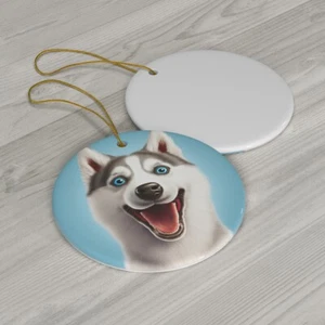Happy Smiling Husky Puppy Christmas Hanging Ceramic Ornament Circle Xmas - Picture 1 of 4