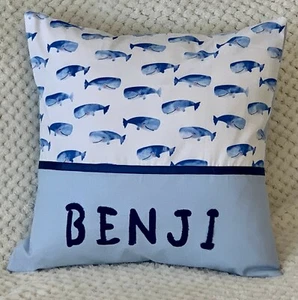 CHILD'S PERSONALISED NAME CUSHION COVER / KINDY PILLOW - WHALES - - Picture 1 of 3