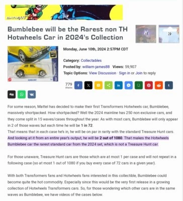 Hot Wheels Bumblebee 2024 Transformer Limited Edition Extremely Rare  - Image 1 of 4