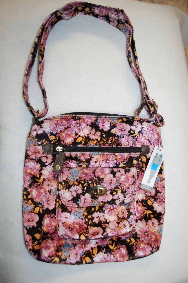Cartera de mujer BOLSO BANDOLERA DE TERCIOPELO NEGRO con FLORES ROSADAS Correa ajustable CIERRE DE CREMALLERA Foto 1 de 1