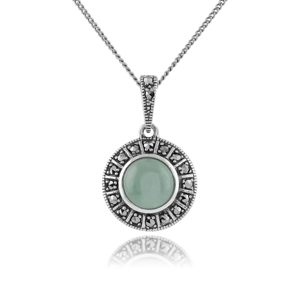 Art Déco Stile Rotondo Giada Verde Cabochon & Marcasite Collana Argento Sterling - Immagine 1 di 1