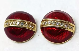 Swarovski Swan Signed GoldTone Clear Crystals Red Enamel ClipOn Earrings VTG #G1 - Picture 1 of 11