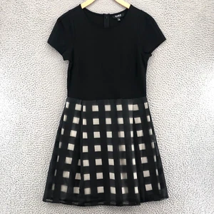 Allen Schwartz Dress Womens Large Black Fit & Flare Pleated Check Short Sleeve - Picture 1 of 13