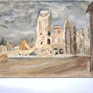 Guerre 14 18 Arras Ruine Hôtel de Ville Aquarelle Originale signé Rayon 39x32cm - Imagen 1 de 11