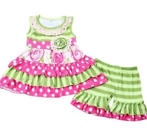 New Pink & Green Striped Ruffle Short Set, Boutique, girl, roses, 4T - Picture 1 of 1