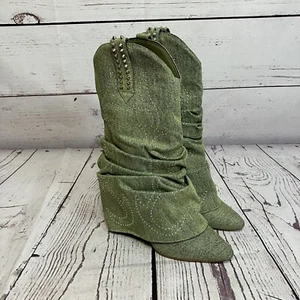 Azalea Wang Boots Womens 9 Green Sinead Wedge Pull On Denim Fold Over Scrunched - Picture 1 of 11