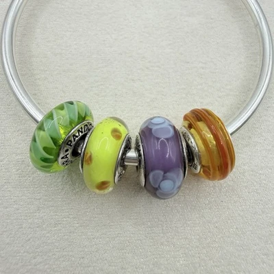 Pandora Sterling Silver Murano Glass 4 Bead Lot Multicolored Zig Zag Floral Dots - Image 1 of 4