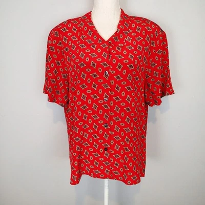 Blusa Liz Claiborne de seda manga curta com botões tamanho 14 vermelha estampada - Imagem 1 de 4