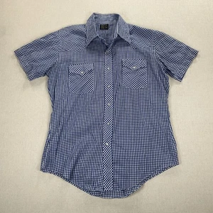 Vintage JC Penny Short Sleeve Pearl Snap Shirt Mens Large Blue/White Gingham - Picture 1 of 10