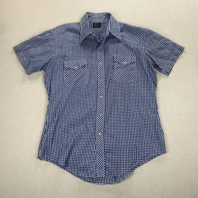 Vintage JC Penny Short Sleeve Pearl Snap Shirt Mens Large Blue/White Gingham - Image 1 of 4