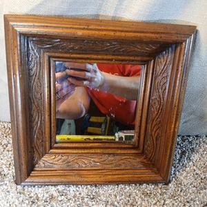Vintage Hand Carved Home Interiors Mirror Wooden Detailed Frame Intricate 8"×8" - Picture 1 of 9
