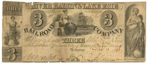 Billete de 3 dólares River Raisin & Lake Erie RR Co., Monroe, Michigan 1836 290-G24A (60106) - Imagen 1 de 2