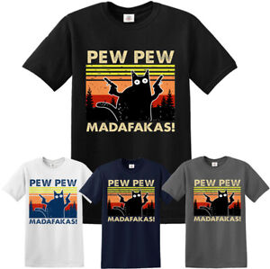 PEW PEW MADAFAKAS Vintage Funny T-Shirt Cat Retro Kitten Xmas Gift Mens Ladies 