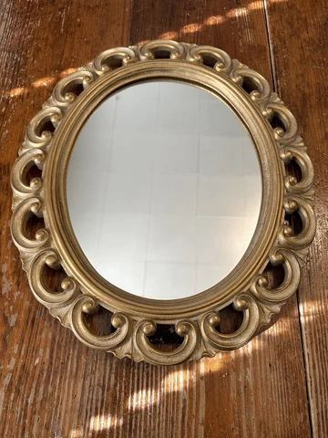 Vintage syroco wood oval gold ornate wood framed mirror 14x12 easel back Cover