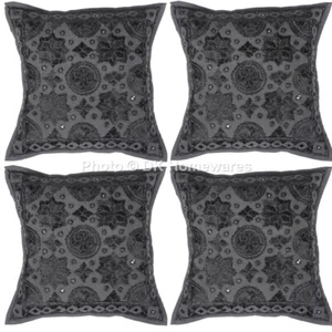 Juego de 4 fundas de almohada bordadas indias espejadas de algodón negro - Imagen 1 de 6