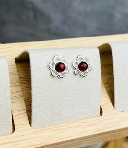 925 Plata de Ley & Ámbar Báltico Genuino Clásico Flores Pendientes de Presión - Imagen 1 de 12