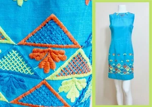 Vestido Vintage Años 60 Turquesa Turquesa Bordado Hecho a Mano Mod Corto S 32 - Imagen 1 de 6
