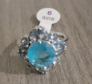 Natural Fusion Aqua Blue Quartz Rhodium Plated Womens Ring 9 Bomb Party RBP3003 - Picture 1 of 4